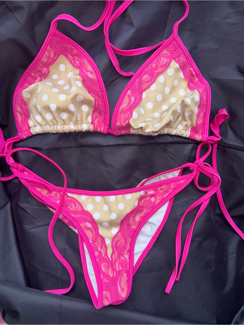Doll Swimwear Scrunch Butt Polka Dot Bikini Hot Pink Lace Trim XL-Top S/M Bottom